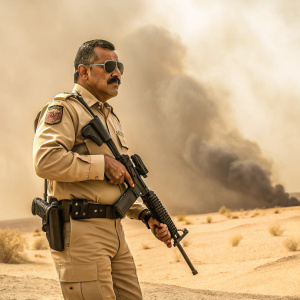 Tough police officer in khaki uniform, sunglasses, mustache, and holding a rifle. Desert sandstorm backdrop.
