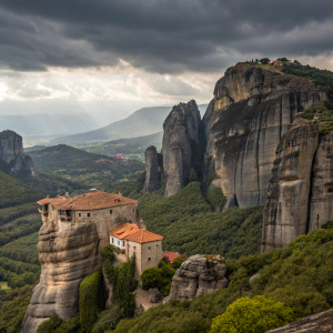 Dramatic view of Meteora rock formations towering above the plains of Thessaly, Greece. Ancient monasteries perch atop the towering cliffs, a testament to human resilience and architectural marvel.