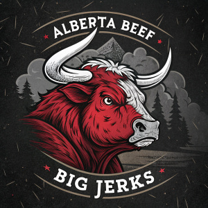 Bold logo for 'Alberta Beef Big Jerks'. Fierce bull's head with prominent horns. Red and impactful design. Set against a dark background.