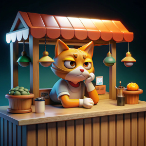 a very bored 3d stylized anthro cat daydreaming behind a counter of a small stall selling shirts