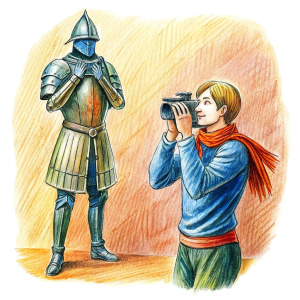 man takes photograph of knight in armor