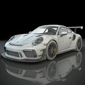 3D rendering of Porsche 911 GT3 RS, wireframe style, gray color, detailed design. Black background, focusing on car's form and intricate details.