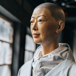 Digital 3D model of an Asian individual with smooth shaved head. Realistic close-up view against black background.