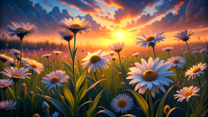 The landscape of white daisy blooms in a field, with the focus on the setting sun. The grassy meadow is blurred, creating a warm golden hour effect during sunset and sunrise time.