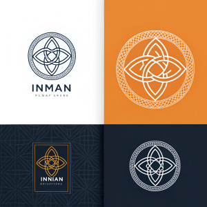 Inman logo, a sleek and modern design, features intricate line work forming a symbolic shape. Displayed on white, black, and orange backgrounds. Consistent style throughout.