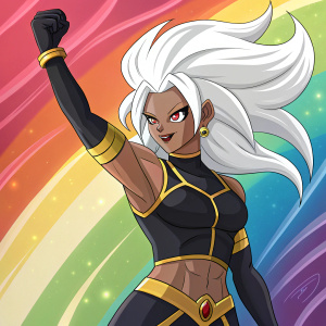 In a vibrant digital illustration, the NeoArtCorE series character strikes a powerful pose. Her white hair flows dramatically, framing her face with bold red eyes. Clad in a black and gold outfit that highlights her muscular build, she stands out against a background filled with a riot of colors.