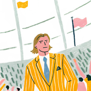 David Beckham in a sharp blue and yellow pinstripe suit with Adidas and LA Galaxy logos. Inside a bustling stadium with cheering fans.