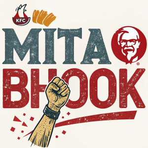 Digital artwork for KFC's 'Mitao Bhook' campaign featuring a rough, textured font with the phrase 'Mitao Bhook' alongside a KFC logo and a hand illustration