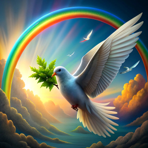 dove with olive branch in beak, rainbow, ark