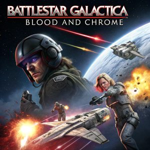 Battlestar Galactica: Blood and Chrome DVD cover. Intense action scenes, futuristic technology, and dramatic character moments.