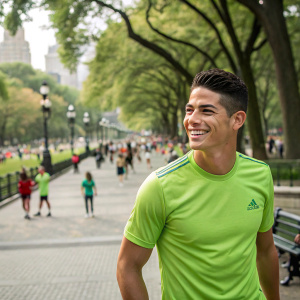 James Rodríguez, Real Madrid soccer player, in vibrant green t-shirt with a grin, standing amidst a bustling city park.
