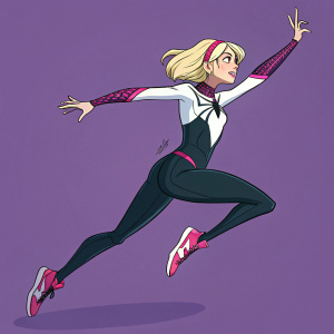 Digital illustration of Gwen Stacy in action, mid-jump. Focusing on her agility and grace. Solid purple background