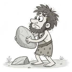 Simple line drawing. Cave man with messy hair and scruffy beard. Holding a big rock. No background.