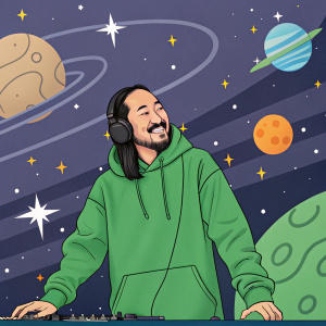 Steve Aoki, Asian-American DJ, with a friendly smile. Dressed in a green hoodie. Standing in front of a lively, animated backdrop with stars and planets.