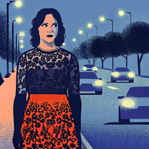 Alison Brie, dressed in a black and brown lace dress, standing on a bustling city street at night. The background is filled with passing cars and street lights.
