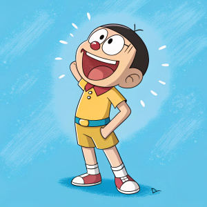 Digital illustration. Nobita from the Doraemon series, grinning. Bright blue background