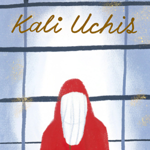Digital art for Kali Uchis album cover. Dark blue background, blurred figure with white headpiece. Song titles in gold Spanish text. Modern graphic design with minimalist color palette.