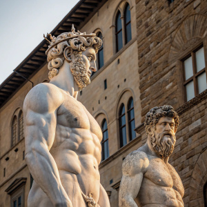 Statue of Hercules and Cacus, located at Piazza del Signoria in Florence. Sculpted by Bandinelli in 1534. Two large, detailed figures in dynamic poses, made of stone with a light-toned, weathered appearance.