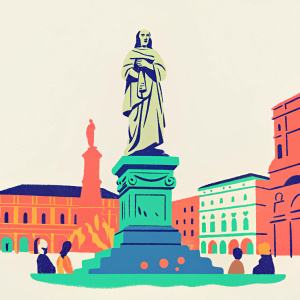 A picture of a statue honoring Leonardo Da Vinci located in the bustling Piazza della Scala, Milan, Italy. The statue captures the essence of the renowned artist.