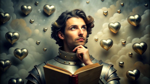 The picture shows a person engrossed in an old book, surrounded by historical elements like a knight's armor and a Victorian dress. Above their head, thought bubbles filled with emotions represent the character's feelings from the novel, symbolizing mind-reading through literature. add big white number '3'