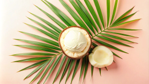 coconut icecream, palm fronds, coconut, white background. Free space for text in center.  white background. Free space for text in center. 