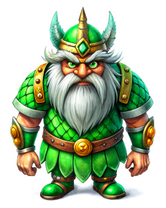 viking king dwarf, white background, green accessories, angry