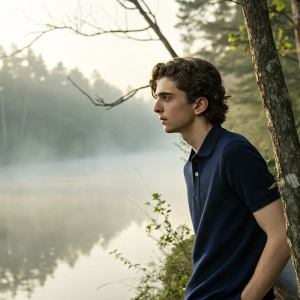 Timothée Chalamet, dressed in a navy polo shirt, stands by the edge of a serene forest. The background is a misty, early morning woodland scene with soft, natural light. His expression is calm and reflective.