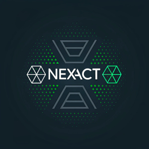 Nexact logo, sleek design, dark background, abstract geometric shapes, centered sans-serif font, minimalistic color palette