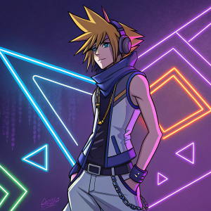 Digital art showcasing Neku Sakuraba from 'The World Ends With You: Final Remix'. Neku stands against a vivid neon backdrop.