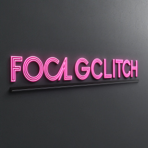 Modern, sleek logo design for Focal/Glitch. Neon pink letters on dark grey background.