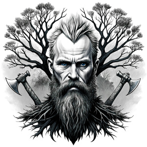 Wikinger mit zwei Gesichtern baum yggdrasil – and weapons high-definition design grey and black, realistic tattoo design, white background