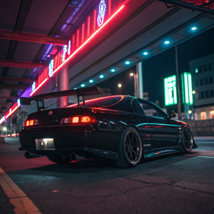 A sleek black Nissan Silvia S15 parked under neon lights at night. Red accents on rear wing and glowing taillights