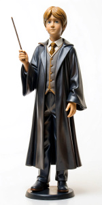 A statue of a slender tanned 30-year-old man with short hair, dressed in Hogwarts uniform, holding a magic wand in his right hand