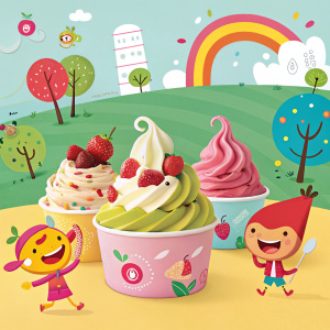 Cheery ad for Menchie's Frozen Yogurt featuring colorful cartoon characters enjoying a variety of tart flavors against a vibrant background.