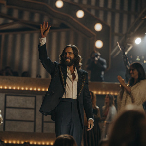 Jared Leto, in a stylish black suit with a subtle white shirt, is seen on the vibrant stage of the Grammy Awards. He waves to the audience. Bright lights and cheering fans in the background.