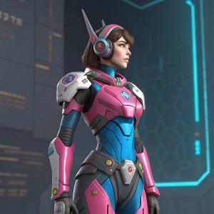 A futuristic 3D model of D.VA from Overwatch. Vibrant pink, blue, and gray color scheme. Displayed against a digital backdrop.