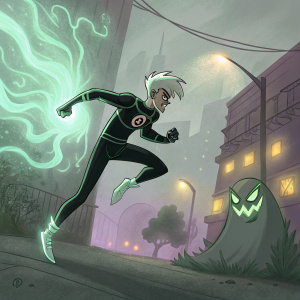 Danny Phantom, in a dynamic action pose, combating an evil ghost in a digital painting.