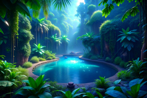 fantasy hidden blue lagoon in the tropical forest, 3d render