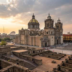 Architectural marvels of Mexico City. Templo Mayor and the Metropolitan Cathedral standing tall. Historical ruins and grand domes. Urban skyline backdrop.