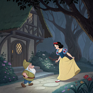 A nostalgic scene from 'Snow White and the Seven Dwarfs', a classic 1937 animation. Muted colors contrasting with vibrant details, eerie shadows playfully dance around the fairy tale setting.