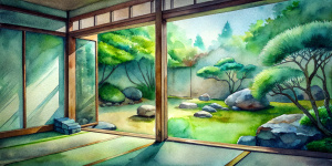 Japanese backyard garden with rocks and trees seen through a sliding door of a modern Japanese house.