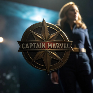 Logo of Captain Marvel movie. Shiny metallic emblem on dark background with blurred figure and dim lighting.
