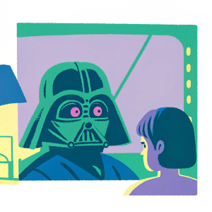 In a dark room, the helmeted figure of Darth Vader emerges. The glowing red eyes and the intricate design of the helmet seem to move in the shadows. The scene is depicted in vivid comic book colors.