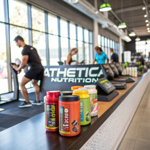At a bustling gym, Athetica Nutrition showcases their vibrant protein powder and pre-workout supplements on a sleek, modern counter.