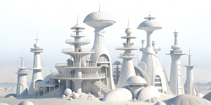 White illustration,  Wes Anderson style, 
 structural aesthetics, collage of many complex metal architectures with lighthouse, the bigest ocean and huge sky, white, more clear background, gain paper