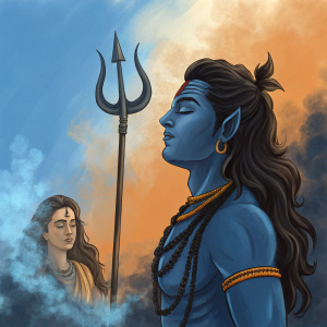 Digital painting of Shiva and Parvati. Shiva, central figure, with dark blue skin, long dark hair, and a serene expression. He holds a trident. The background is vibrant with blue and orange hues, and smoke swirls around. Parvati, on the right, more relaxed posture.
