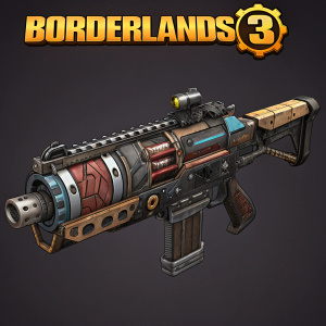 Complex futuristic weapon, the Saw Blade Launcher from Borderlands 3. Robust components and intricate details. Dark background, highlighting the weapon's design. Borderlands 3 logo prominently displayed.
