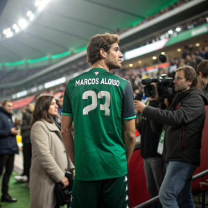 Marcos Alonso, dressed in a green jersey with number 23 and his name, looks focused. Surrounded by fans and reporters at a crowded stadium.