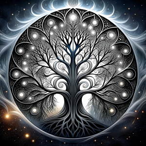 Nordic yggdrasil –  high-definition design grey and black, realistic tattoo design, white background