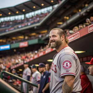 Mike Napoli, baseball player, in a gray Angels jersey. Standing amidst a bustling stadium crowd.